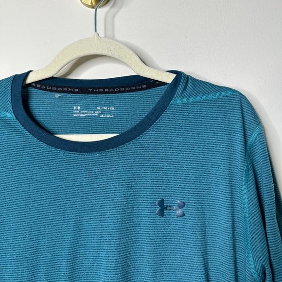 Under Armour Teal Striped Short Sleeve Shirt Loose Fit HeatGear Men's XL - Picture 2 of 4